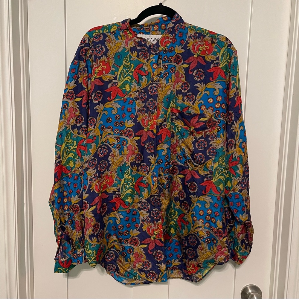 Vintage size large bright multicolored abstract floral print silk blouse!